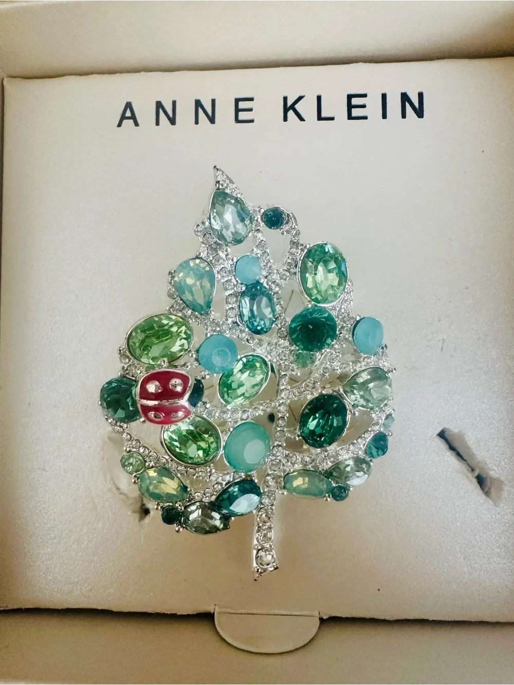 🐞 Anne Klein Jeweled Leaf & Ladybug Brooch in Original Box